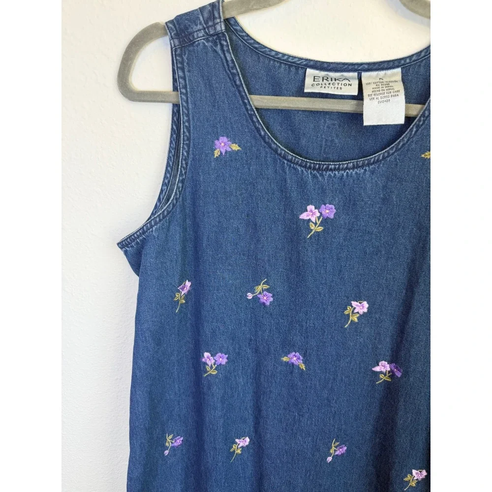 Vtg Denim Floral Embroidered Midi Dress Womens Petite Large Granny Cottagecore - Picture 2 of 6